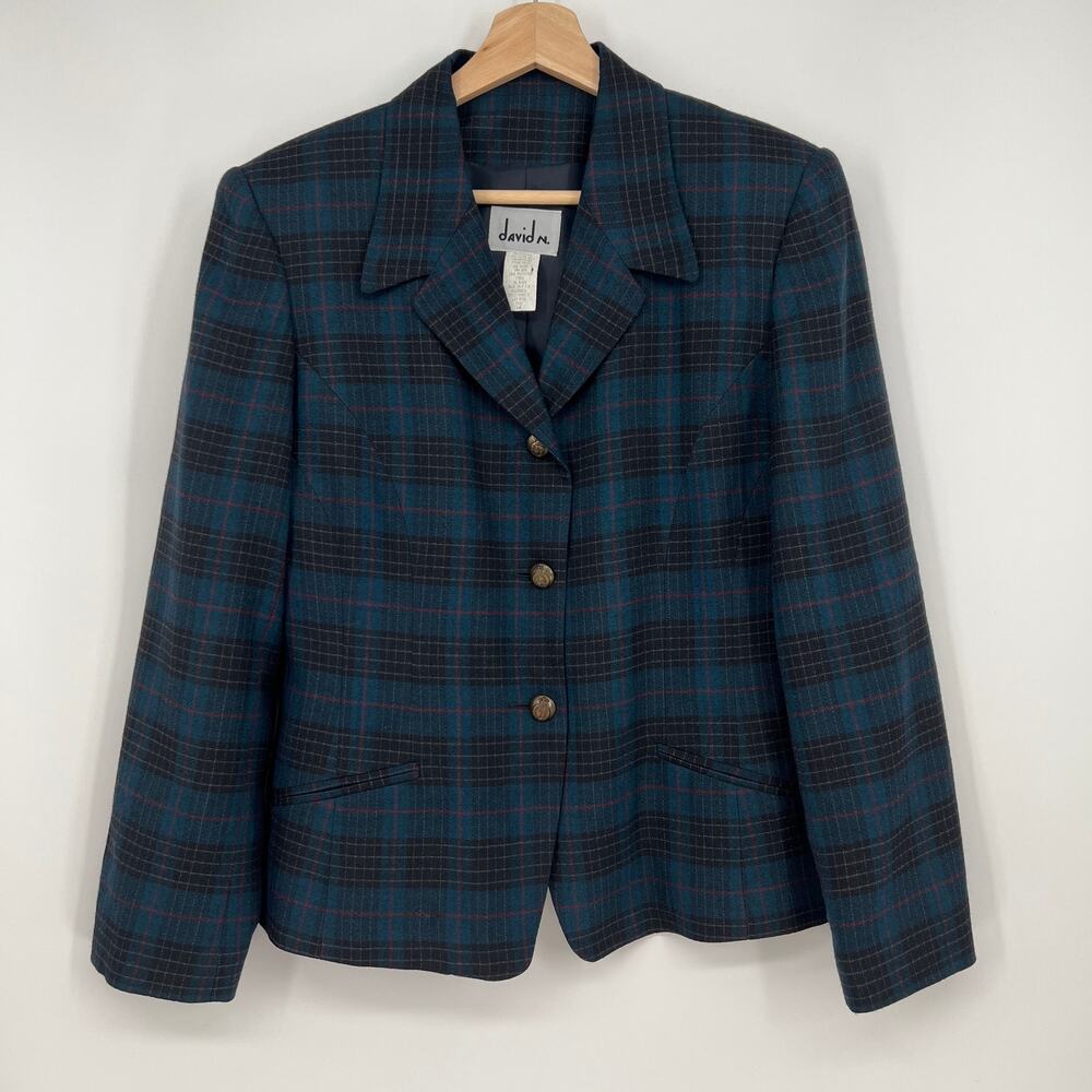 Vtg David N Wool Blend Skirt Suit 2 pc Set Womens Fit M Blue Black Plaid Blazer - Picture 2 of 10